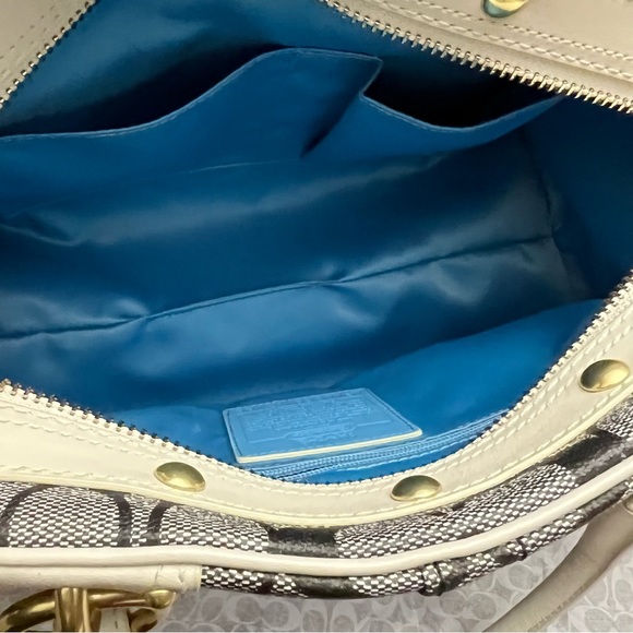 RARE- Coach Monogram Leather Gold Trim Satchel Purse Designer Heritage Handbag - Picture 12 of 16